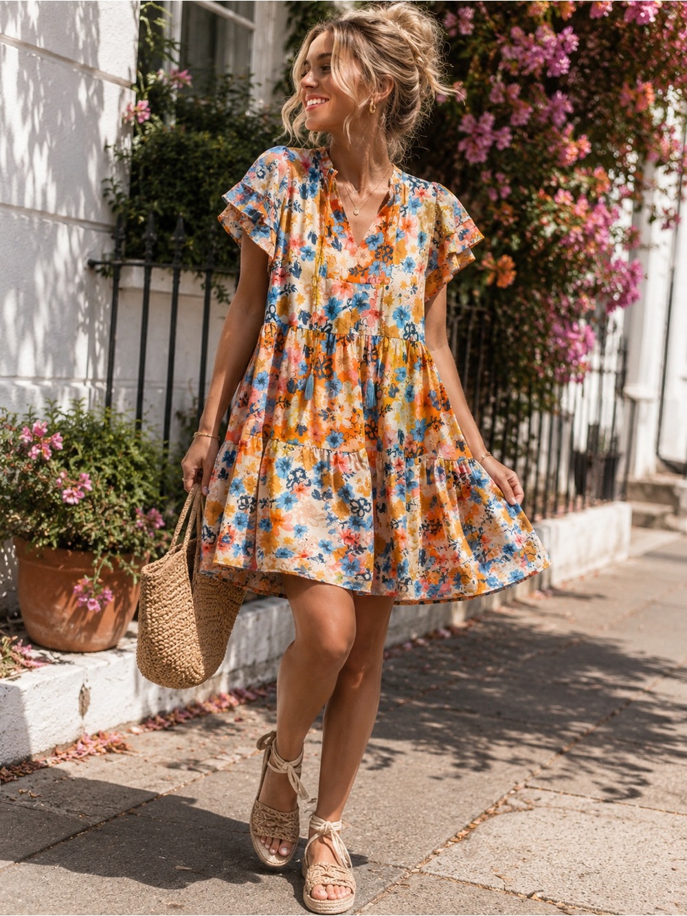 V-Neck Yellow Floral Tiered Mini Dress